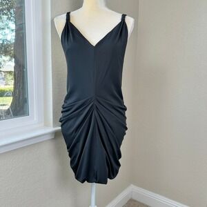 NWT BCBGMAXAZRIA Black Dress Womens M Ruched Bodycon Plunge Open Back Cocktail